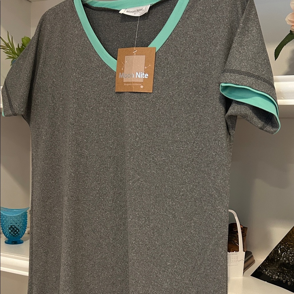 Gray V-Neck Night Gown with Teal Trim. - Picture 6 of 6